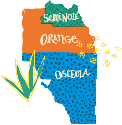 Map of Orange, Osceola, and Seminole Counties in Central Florida