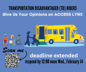 Graphic with QR code: Deadline extended for TD Riders Survey to Feb. 14