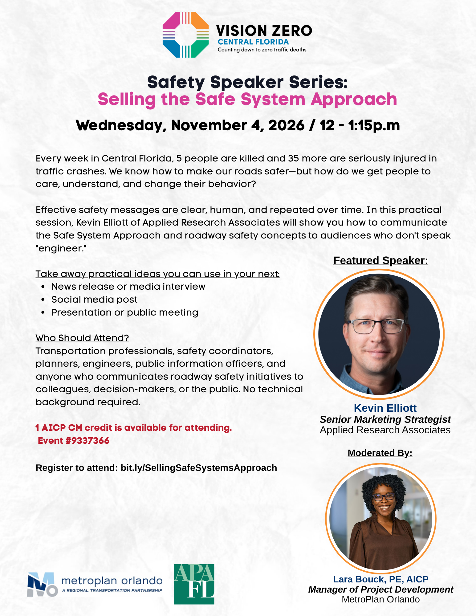 Flyer for the fourteenth Vision Zero Safety Speaker Series. Click on the flyer to access the pdf version.